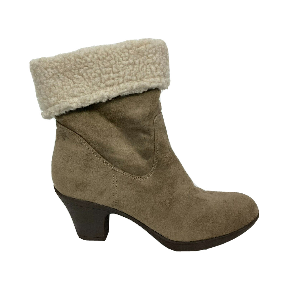 Aubrey Lynn Boots Womens Sz 6.5 Beige Suede Leather Shearling Heeled Winter